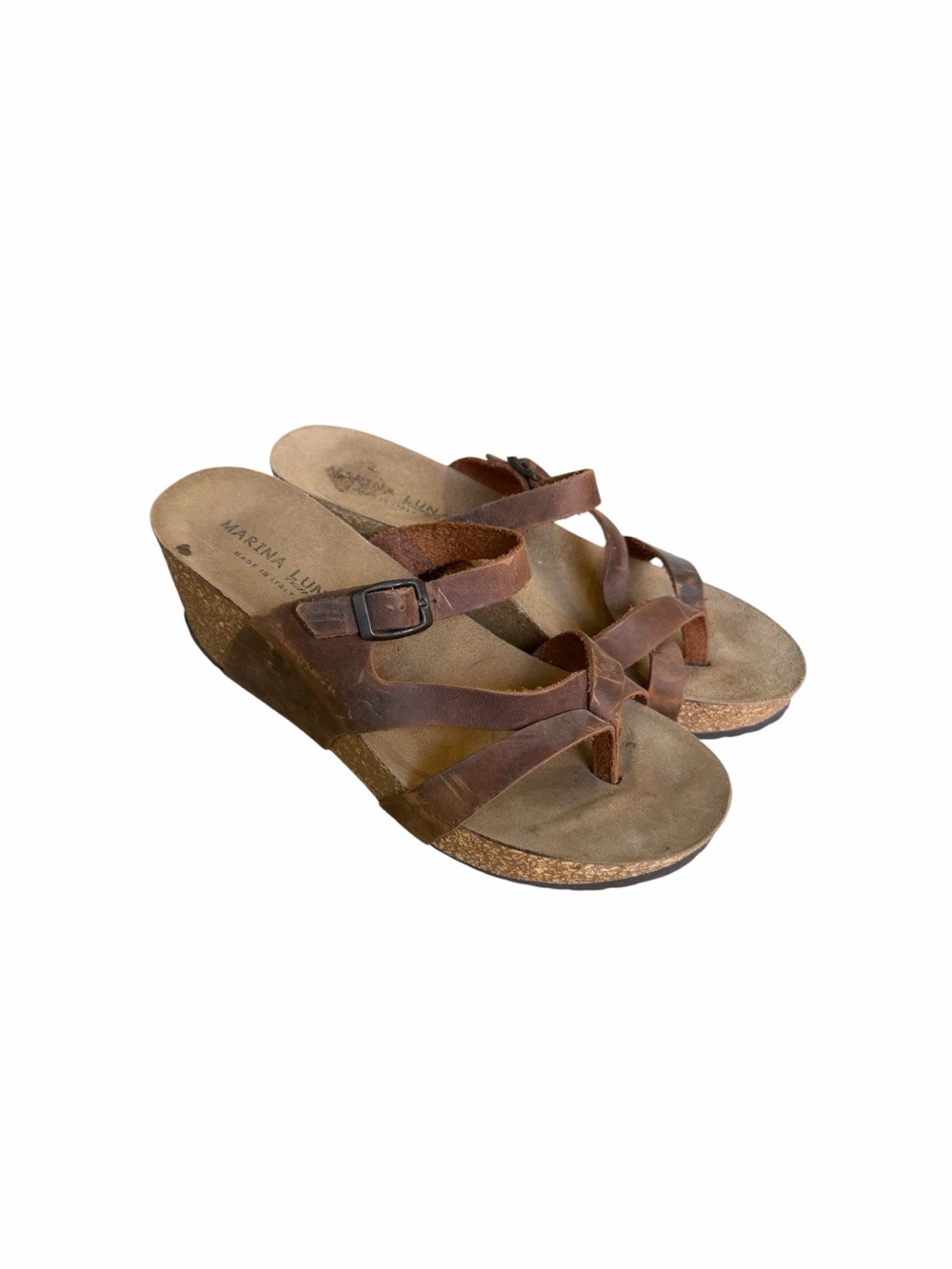 Marina Luna Comfort Made in Italy Tan Heeled Leather Wedge Sandals Size 8